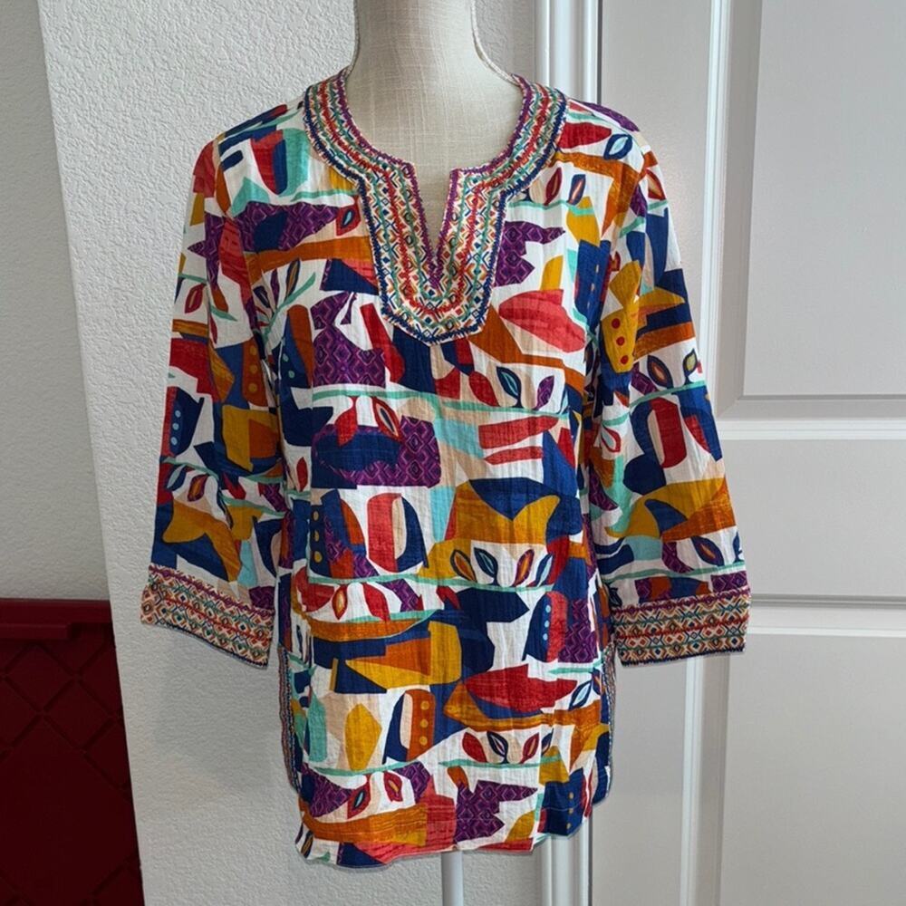 John Mark Vibrant Multicolor Tunic Top Blouse Boho Artsy Geometric Casual - S